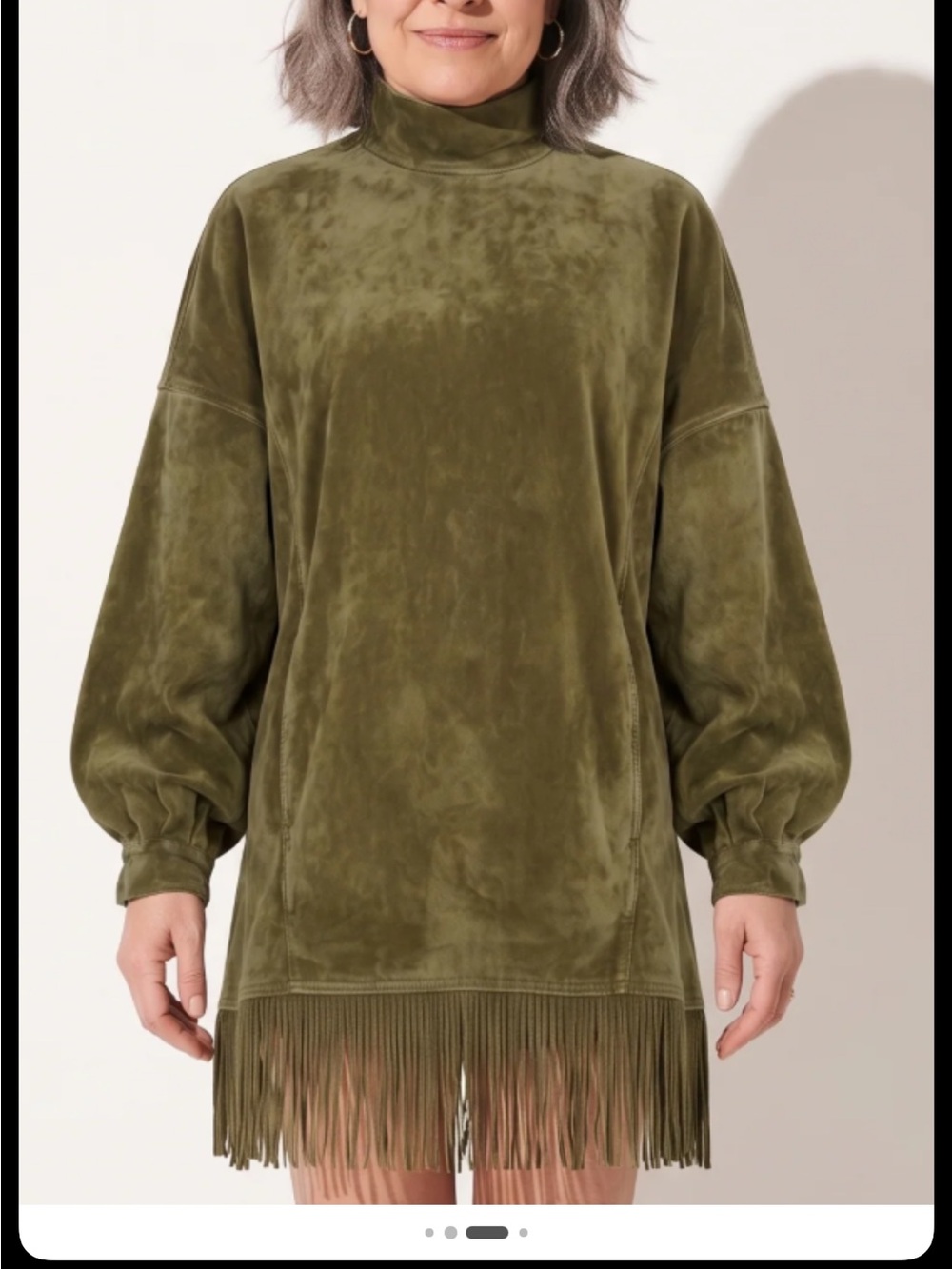 Olive Green suede Fringe-Trim Mock Neck Sweaters sz M oversized NWOT